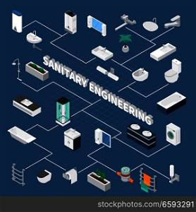 Sanitary engineering, bath room objects including equipment and decoration isometric flowchart on blue background vector illustration. Sanitary Engineering Isometric Flowchart