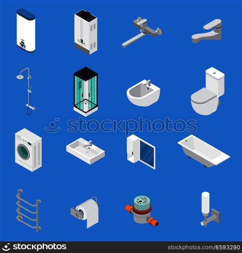 Sanitary engineering including faucets, bath, sinks, lavatory, laundry washer isometric icons isolated on blue background vector illustration . Sanitary Engineering Isometric Icons