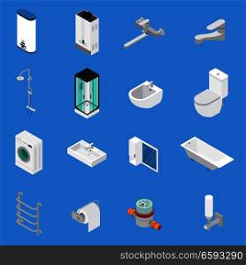 Sanitary engineering including faucets, bath, sinks, lavatory, laundry washer isometric icons isolated on blue background vector illustration . Sanitary Engineering Isometric Icons