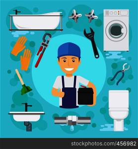 Sanitary engineering. Plumber at plumbing work with water drain vector illustration. Sanitary engineering. Plumber at plumbing work