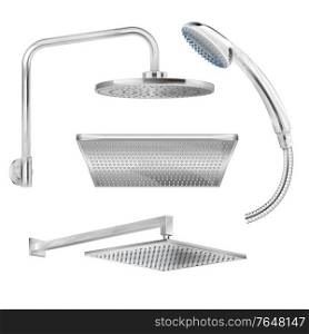 Sanitary set of isolated dirty steel shower heads of various forms on white background realistic vector illustration