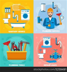 Sanitary Technician Design Concept. Plumber 2x2 composition with flat images of sanitary technician character tubes repair leaks and plumbing tools vector illustration