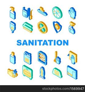 Sanitation Accessories Collection Icons Set Vector. Sanitation Equipment And Tool, Anti-virus Protection Brush Glove, Disinfection Spray Liquid Isometric Sign Color Illustrations. Sanitation Accessories Collection Icons Set Vector Illustrations