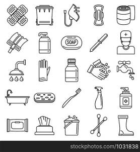 Sanitation disinfectant icons set. Outline set of sanitation disinfectant vector icons for web design isolated on white background. Sanitation disinfectant icons set, outline style