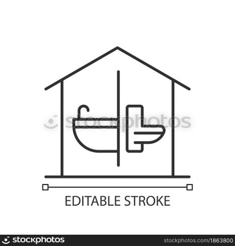 Sanitation facilities linear icon. Hygienic conditions maintenance. Accessible bathroom in home. Thin line customizable illustration. Contour symbol. Vector isolated outline drawing. Editable stroke. Sanitation facilities linear icon