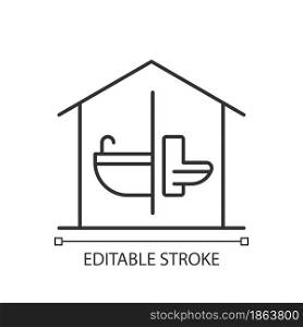 Sanitation facilities linear icon. Hygienic conditions maintenance. Accessible bathroom in home. Thin line customizable illustration. Contour symbol. Vector isolated outline drawing. Editable stroke. Sanitation facilities linear icon