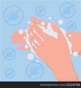 Sanitation flat color vector illustration. Cleansing in water to avoid bacteria. Prevent virus spread with antibacterial soap. Cleansing hands 2D cartoon first view hand with abstract background. Sanitation flat color vector illustration