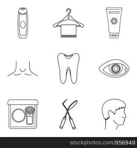 Sanitation icons set. Outline set of 9 sanitation vector icons for web isolated on white background. Sanitation icons set, outline style