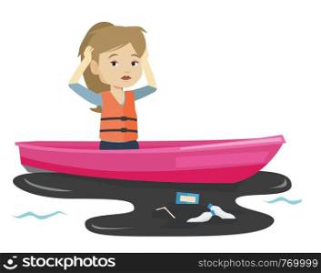 Sanitation worker catching garbage out of water. Frustrated woman clutching head while looking at polluted water. Water pollution concept. Vector flat design illustration isolated on white background.. Woman floating in a boat in polluted water.