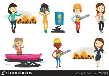 Sanitation worker catching garbage out of water. Woman clutching head while looking at polluted water. Water pollution concept. Set of vector flat design illustrations isolated on white background.. Vector set of characters on ecology issues.