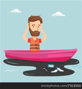 Sanitation worker floating in a boat and catching garbage out of water. Man clutching head while looking at polluted water. Water pollution concept. Vector flat design illustration. Square layout.. Man floating in a boat in polluted water.