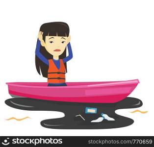 Sanitation worker floating in a boat and catching garbage out of water. Sanitation worker clutching head while looking at polluted water. Vector flat design illustration isolated on white background.. Woman floating in a boat in polluted water.
