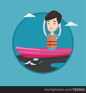 Sanitation worker floating in boat in polluted water. Man clutching head while looking at polluted water. Water pollution concept. Vector flat design illustration in the circle isolated on background.. Man floating in a boat in polluted water.