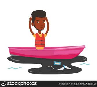 Sanitation worker floating in boat in polluted water. Man clutching head while looking at polluted water. Concept of water pollution. Vector flat design illustration isolated on white background.. Man floating in a boat in polluted water.