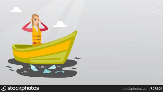 Sanitation worker working on boat to catch garbage out of water. Woman clutching head while looking at polluted water. Water pollution concept. Vector flat design illustration. Horizontal layout.. Woman floating in a boat in polluted water.