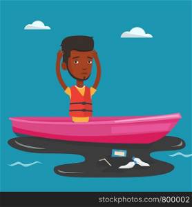 Sanitation worker working on boat to catch garbage out of water. Frustrated woman clutching head while looking at polluted water. Water pollution concept. Vector flat design illustration.Square layout. Man floating in a boat in polluted water.