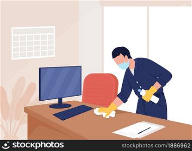 Sanitazing office flat color vector illustration. Health precaution post covid. Quarantine measures. Professional cleaner at work 2D cartoon character with corporate employee cabinet on background. Sanitazing office flat color vector illustration