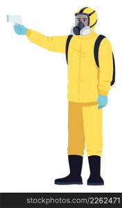 Sanitization semi flat RGB color vector illustration. Coronavirus cleaning service. Disinfecting surfaces. Cleaner worker wearing biohazard suit isolated cartoon character on white background. Sanitization semi flat RGB color vector illustration