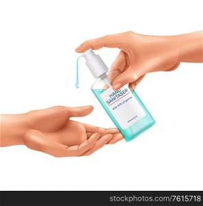 Sanitizer bottle realistic composition with branded jar of sanitizing gel with colourful drop and human hands vector illustration
