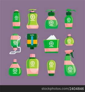 Sanitizer. Hygienic spray bottles wiping clear products garish vector flat pictures of packages with liquid desinfectors. Illustration protection sanitizer and soap. Sanitizer. Hygienic spray bottles wiping clear products garish vector flat pictures of packages with liquid desinfectors