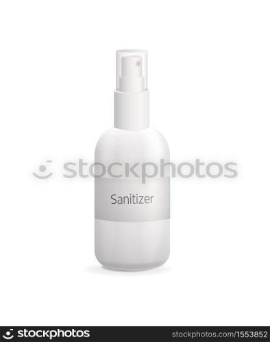 Sanitizer in bottle with spray mockup. Antibacterial gel for treatment of hands and skin hygienic prophylaxis viruses cosmetic agent for moisturizing skin medical vector foam lotion.. Sanitizer in bottle with spray mockup. Antibacterial gel for treatment of hands and skin hygienic.