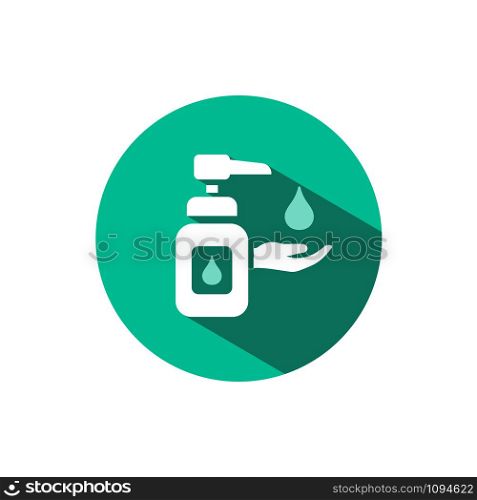 Sanitizer soap icon with shadow on a green circle. Flat color vector pharmacy illustration