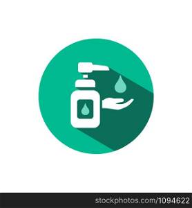 Sanitizer soap icon with shadow on a green circle. Flat color vector pharmacy illustration