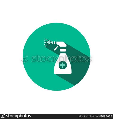 Sanitizer spray icon with shadow on a green circle. Flat color vector pharmacy illustration