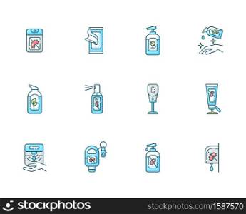 Sanitizer types blue RGB color icons set. Disinfectant spray. Antibacterial pocket gel. Automatic wall dispenser for liquid soap. Healthcare product for virus protection. Isolated vector illustrations. Sanitizer types blue RGB color icons set