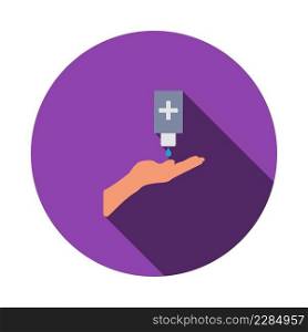 Sanitizer With Hand Icon. Flat Circle Stencil Design With Long Shadow. Vector Illustration.