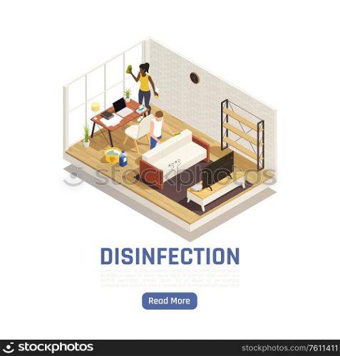 Sanitizing isometric background with domestic room scenery and human characters applying disinfection agents to living space vector illustration