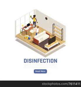 Sanitizing isometric background with domestic room scenery and human characters applying disinfection agents to living space vector illustration