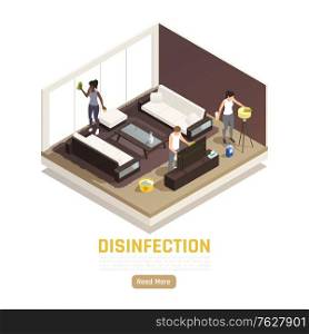Sanitizing isometric background with editable text read more button and indoor living room interior with people vector illustration
