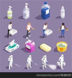 Sanitizing isometric set with icons of medical appliances and characters of disinfectors with people washing hands vector illustration
