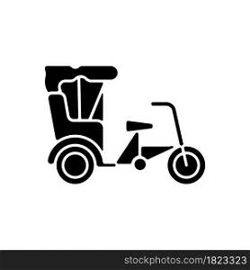 Sanlunche black glyph icon. Chinese rickshaw. Short distance traveling. Transportation service. Human-powered three-wheeler. Silhouette symbol on white space. Vector isolated illustration. Sanlunche black glyph icon