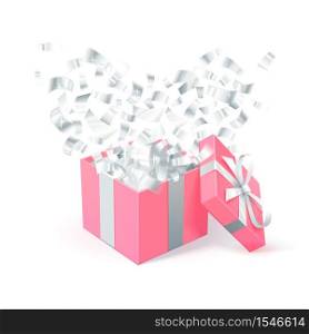 Sant Valentines Day festive design. Pink Gift box with silver heart shape confetti on white background. Vector illustration. Sant Valentines Day festive design. Pink Gift box with silver heart shape confetti on white background.