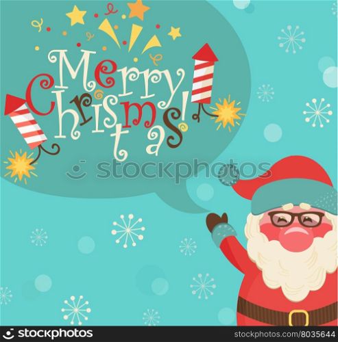 Santa and bubble with lettering - merry Christmas. Vector illustration.