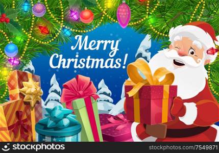 Santa and Christmas gifts vector greeting card in frame of Xmas garland. Claus with present boxes and ribbon bows, pine and holly berry branches with balls, lights and ornaments, winter holiday design. Christmas gifts, Santa Claus and Xmas tree garland