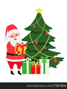 Santa and Christmas tree with presents, vector icon on white background. Santa and Christmas tree