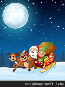 Santa and elf cartoon a riding in sled sleigh and gift bag with two reindeer in the night background