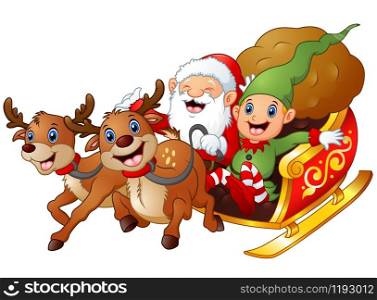 Santa and elf cartoon a riding in sled sleigh and gift bag with two reindeer