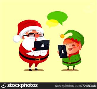 Santa and elf cartoon characters chatting with help of modern computer technologies. Father Christmas use tablet and little helper with smartphone vector. Santa Elf Cartoon Characters Chatting Smartphones