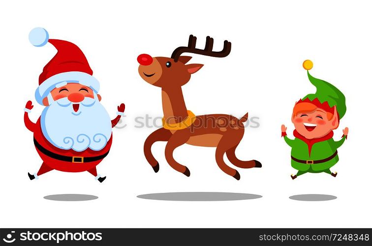 Santa and elf cartoon characters jumping high with deer animal vector illustration postcard isolated on white background. Happy fairy-tail persons vector. Santa and Elf Cartoon Characters Jumping High Icon