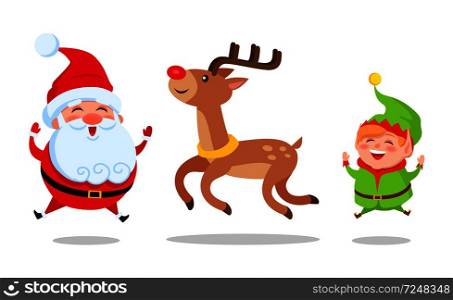 Santa and elf cartoon characters jumping high with deer animal vector illustration postcard isolated on white background. Happy fairy-tail persons vector. Santa and Elf Cartoon Characters Jumping High Icon