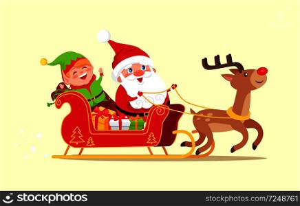 Santa and elf cartoon characters riding on sleigh full of gift boxes on reindeer animal vector illustration cartoon characters isolated on white. Santa and Elf Cartoon Characters Riding on Sleigh