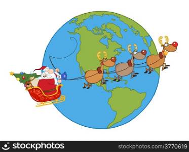 Santa And Reindeer Flying Over Earth