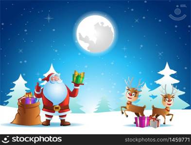 santa and reindeer ready to send gift to everyone on xmas night,vector illustration