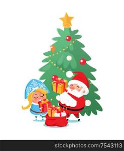 Santa and Snow-maiden taking out gift boxes of bag in flat style. Cheerful characters holding presents with ribbons near decorated Christmas tree vector. Santa and Snow-maiden Taking out Presents Vector