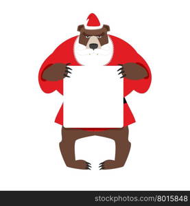 Santa bear keep clean banner with space for text. Wild animal with beard and moustache. Woodland Beast in clothes of Santa Claus: red jacket and Christmas hat.