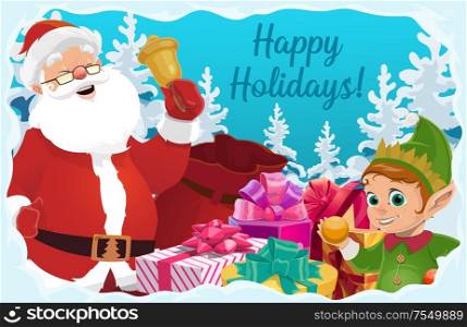 Santa, Christmas elf and Xmas gifts vector greeting card with Christmas bell, red bag and present boxes, snow, ribbons and bows, snowy trees of pine and fir. Winter holidays design. Santa Claus with Christmas bell, gifts and elf